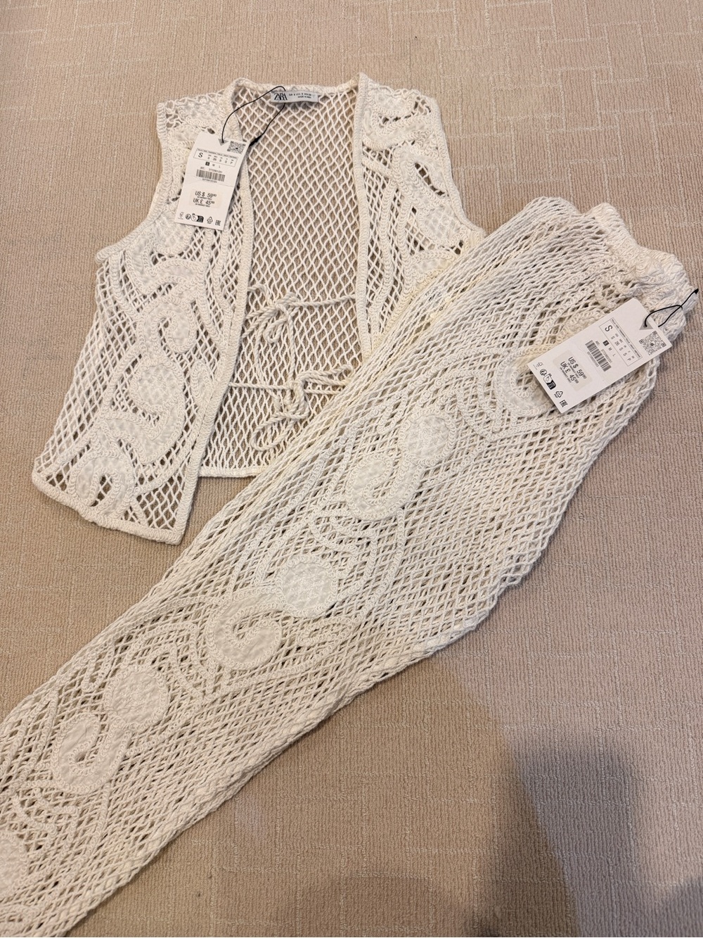 (NWT) Zara White Crochet Knit Vest & Pants Set/Coverup